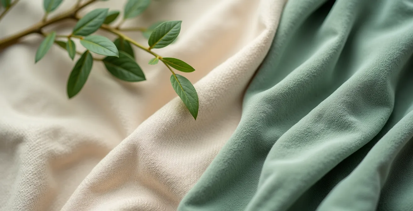 Composition de matières naturelles autour du vert sauge : velours, lin, bois et métal