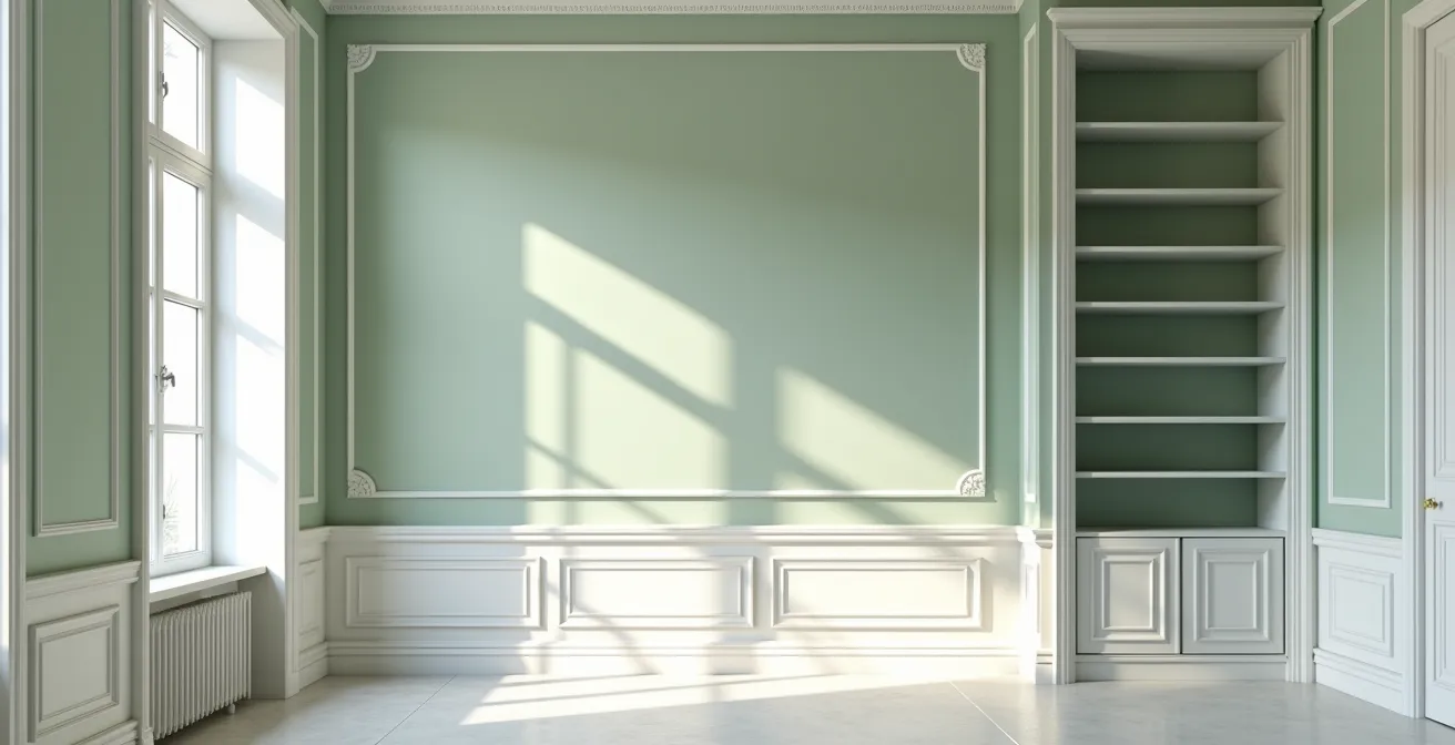 Mur d'accent vert sauge mettant en valeur les détails architecturaux d'une pièce