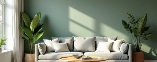 Salon moderne élégant avec mur accent vert sauge, canapé et décorations