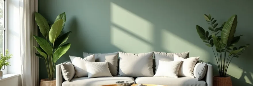 Salon moderne élégant avec mur accent vert sauge, canapé et décorations