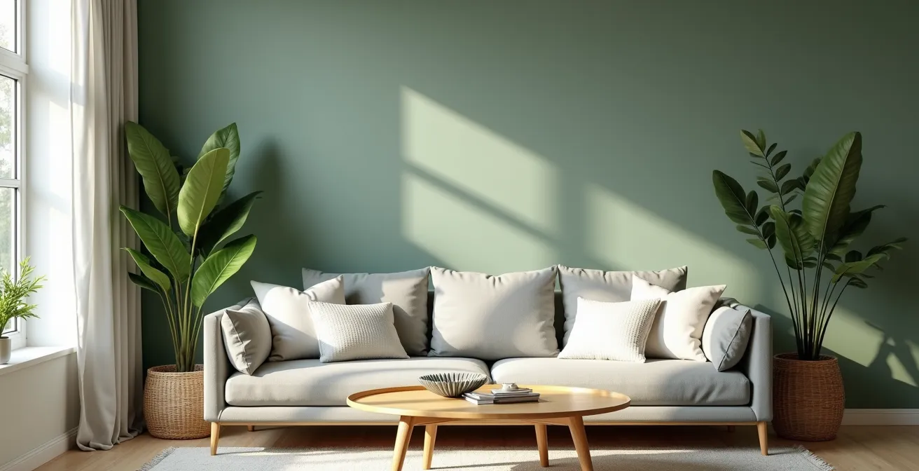 Salon moderne élégant avec mur accent vert sauge, canapé et décorations